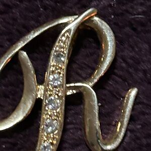 Gold Script Initial R Brooch with Sparkling Stones